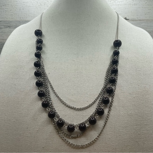 Cute Unsigned Silver Tone Brown Acrylic Pearl Multi Layer Chain Necklace